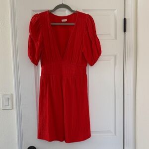 Women's Red V-Neck Puff Sleeve Dress